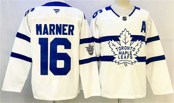 Mens Toronto Maple Leafs #16 Mitchell Marner White With A Patch Stadium Series Stitched Jersey